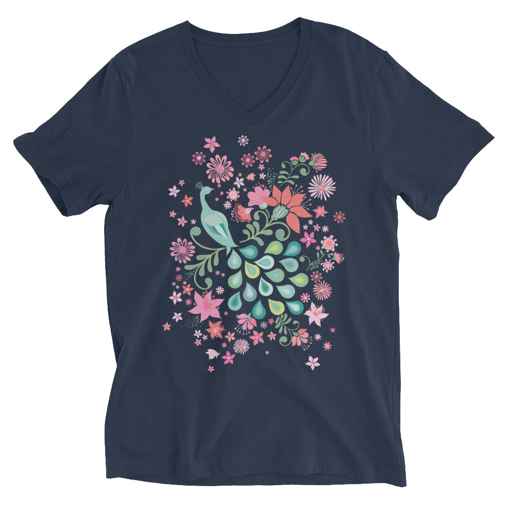 Folk-art peacock among coral, pink and sage-green blooms on a unisex v-neck tee in navy, front view – Kate Spain design