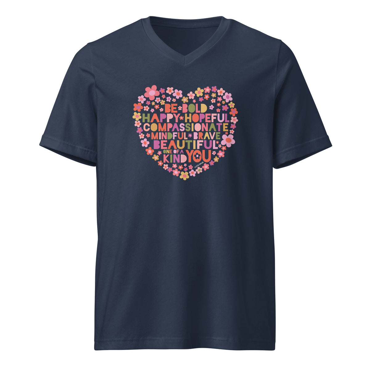 Be You floral heart of inspirational words on a unisex v-neck tee in navy, front view – Kate Spain design