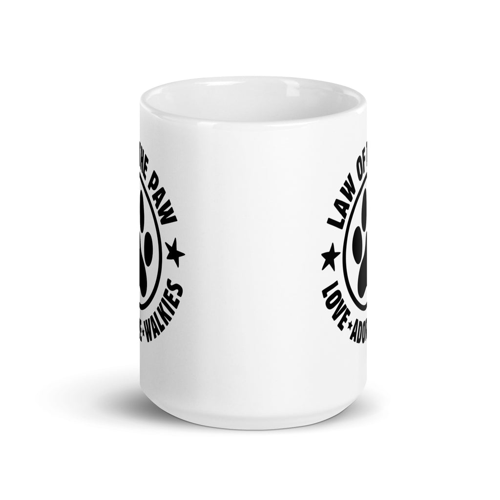 Law of the Paw® Love Adore Walkies white 15 oz ceramic mug with circular paw print badge, front view – Kate Spain design