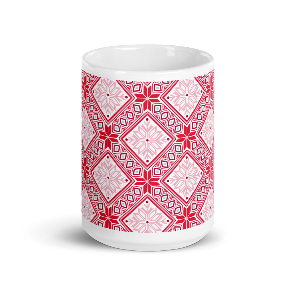 Chalet 15 oz ceramic mug with red and pink Nordic diamond and snowflake pattern, front view – Kate Spain design