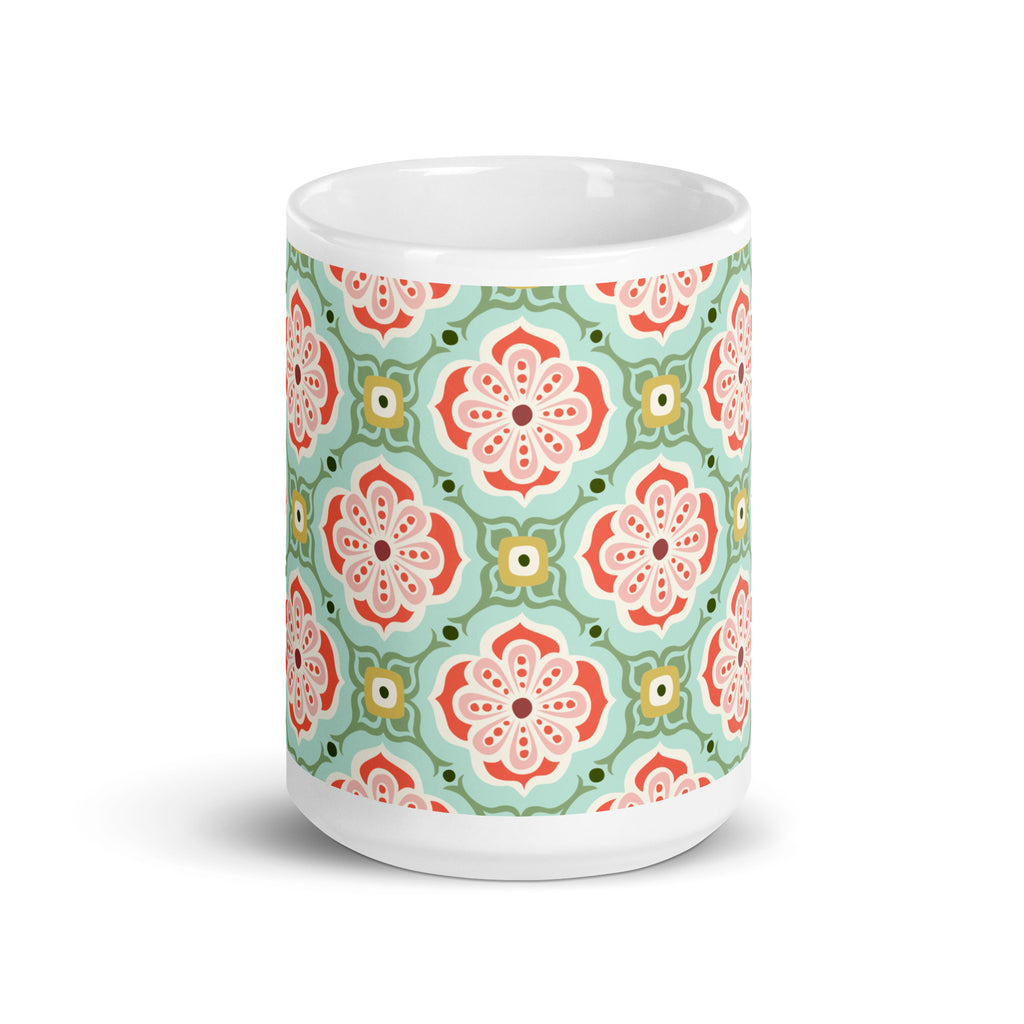 Alhambra 15 oz ceramic mug with coral and mint Mediterranean tile medallions, front view – Kate Spain design