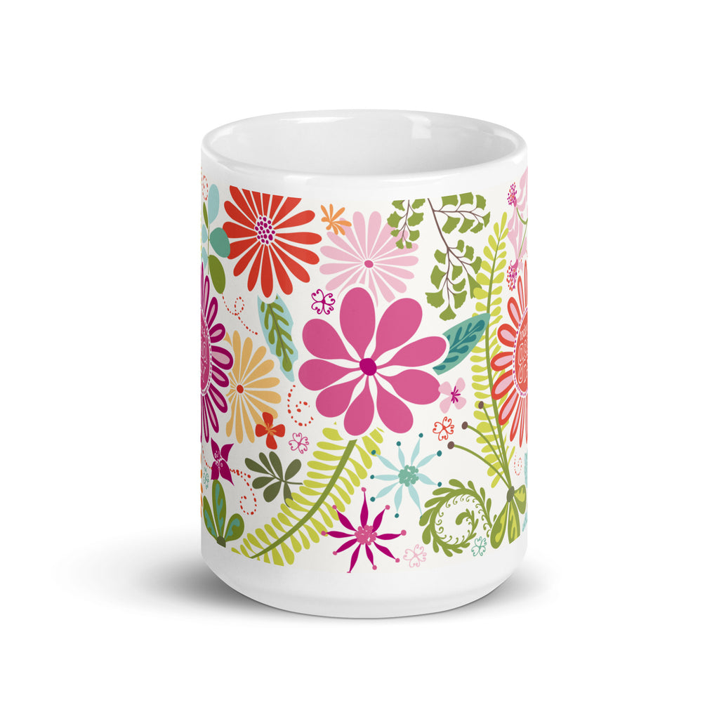 Terrain 15 oz ceramic mug with bold hot pink, orange and aqua flowers with ferns and “today is a good day” in the center flower, front view – Kate Spain design