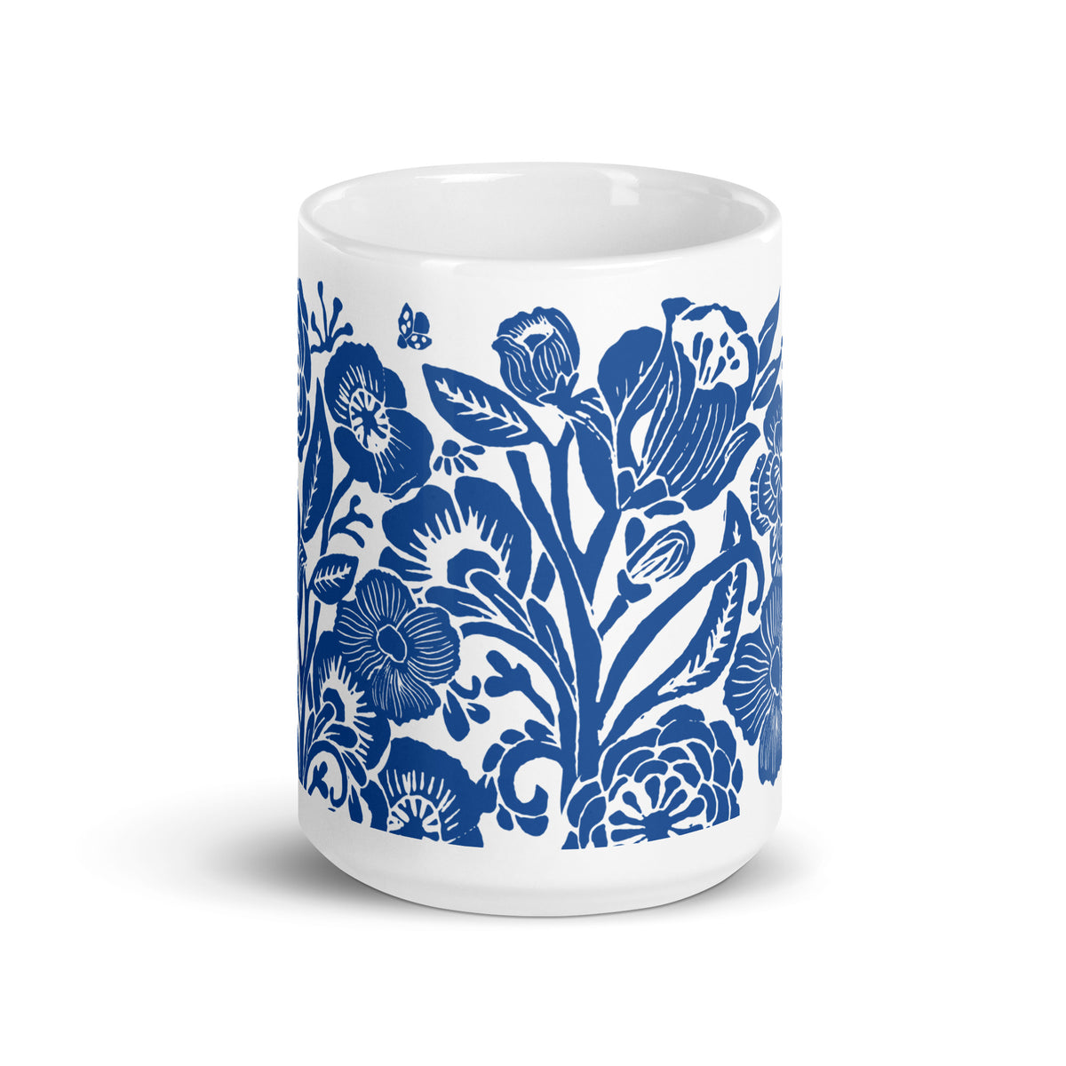 Meadow 15 oz ceramic mug with cobalt blue flowers on white, front view – Kate Spain design