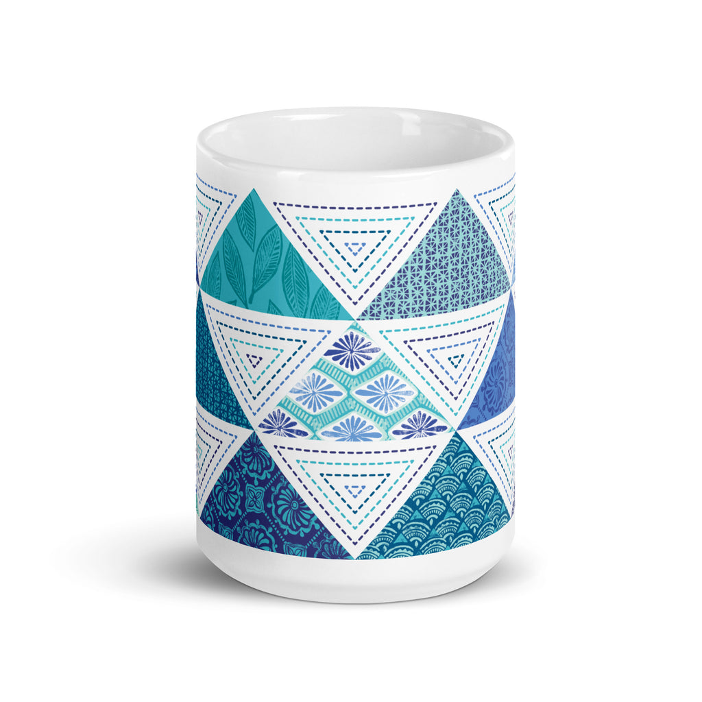 Horizon 15 oz ceramic mug with blue quilt-block triangles, front view – Kate Spain design
