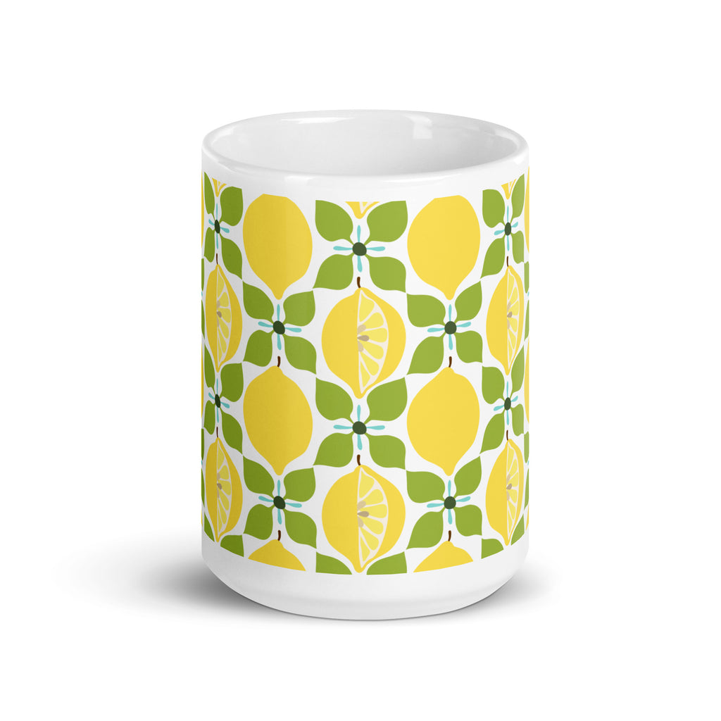Lemon 15 oz ceramic mug with yellow lemons on a green leaf lattice, front view – Kate Spain design