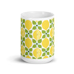Lemon 15 oz ceramic mug with yellow lemons on a green leaf lattice, front view – Kate Spain design