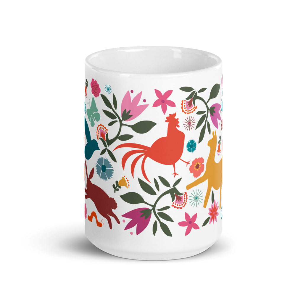 Flora + Fauna 15 oz ceramic mug with Otomi-style birds, deer, rooster, rabbit and flowers, front view – Kate Spain design