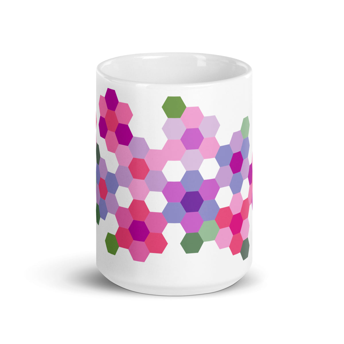 15 oz ceramic mug with the Pink GeoFlora hexagon flower design, front view – Kate Spain design for Pat Sloan
