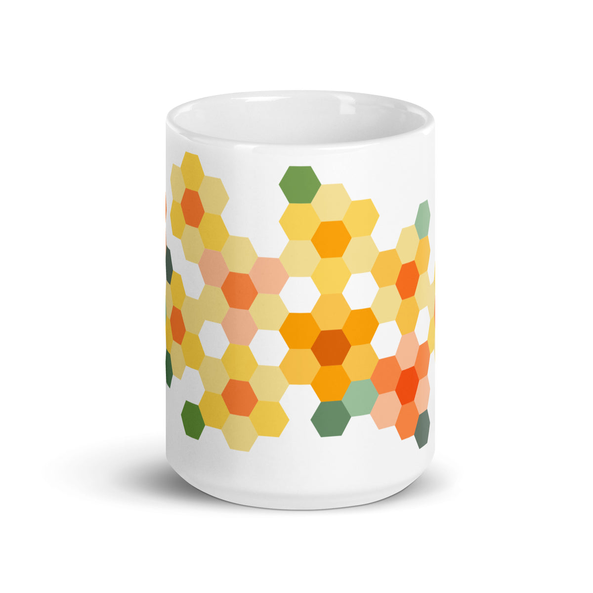 15 oz ceramic mug with the Yellow GeoFlora hexagon flower design, front view – Kate Spain design for Pat Sloan