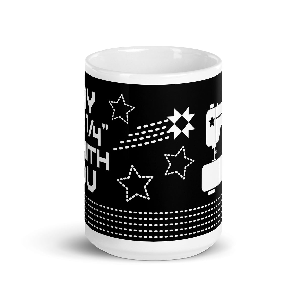 15 oz ceramic mug with the May the ¼" Be With You sewing machine design, front view – Kate Spain design for Pat Sloan