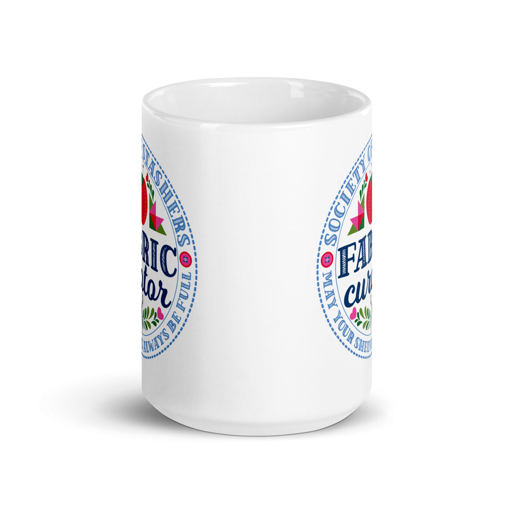 15 oz ceramic mug with the Fabric Curator Society of Stashers badge, front view – Kate Spain design for Pat Sloan
