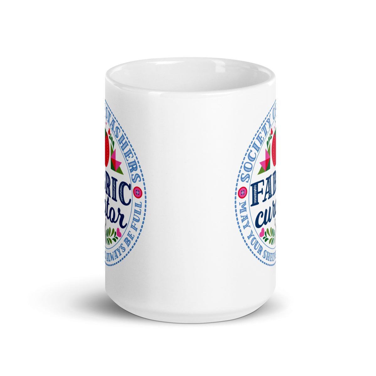15 oz ceramic mug with the Fabric Curator Society of Stashers badge, front view – Kate Spain design for Pat Sloan