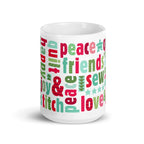 Happy Thoughts 15 oz ceramic mug wrapped in words like joy, peace, love, friends and quilt in red, green and aqua, front view – Kate Spain design for Pat Sloan