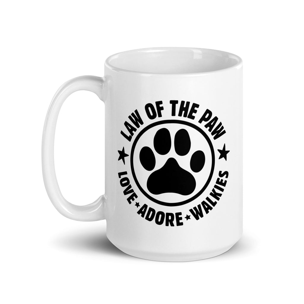 Law of the Paw® Love Adore Walkies white 15 oz ceramic mug with circular paw print badge, handle on left – Kate Spain design
