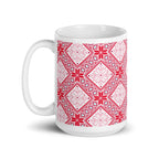 Chalet 15 oz ceramic mug with red and pink Nordic diamond and snowflake pattern, handle on the left – Kate Spain design