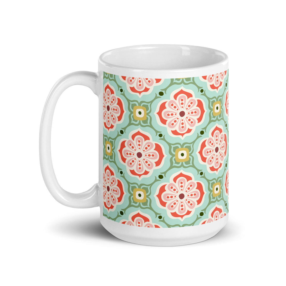 Alhambra 15 oz ceramic mug with coral and mint Mediterranean tile medallions, handle on the left – Kate Spain design