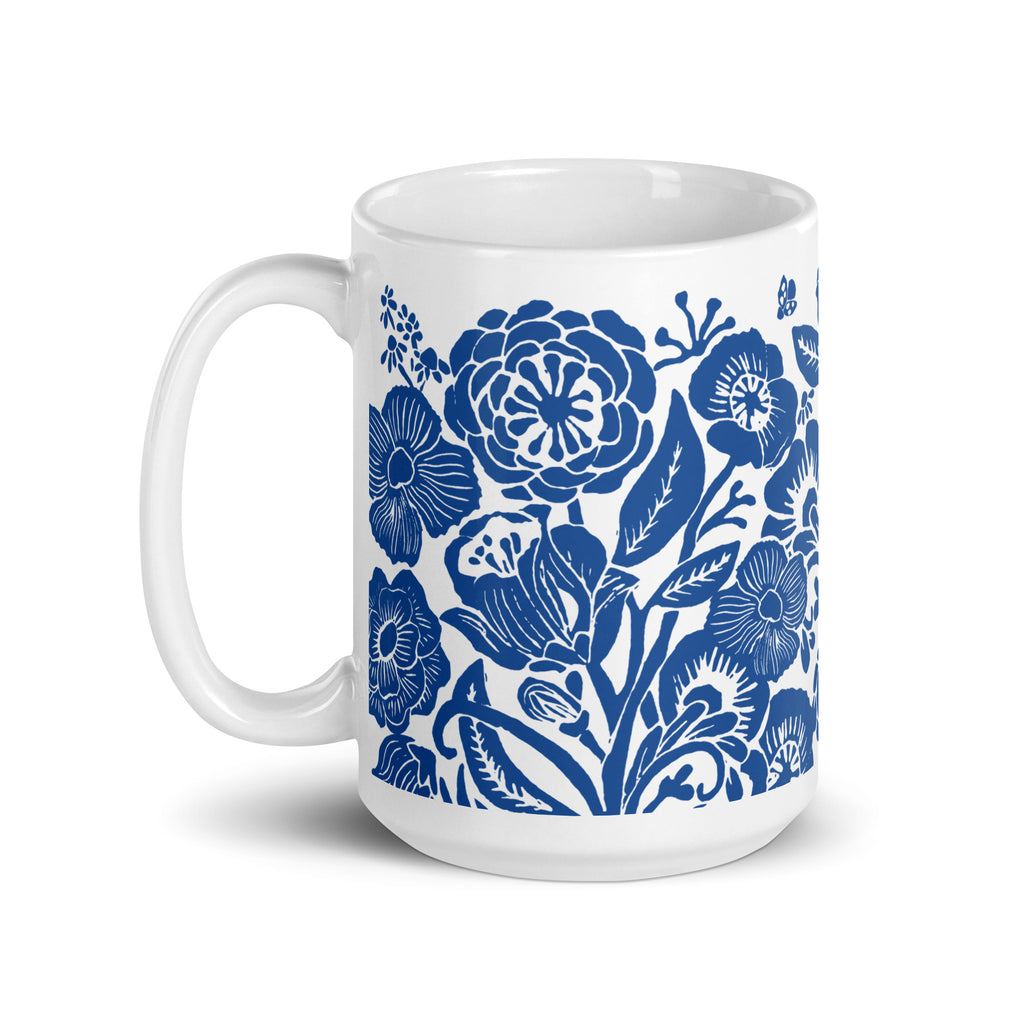 Meadow 15 oz ceramic mug with cobalt blue flowers on white, handle on the left – Kate Spain design