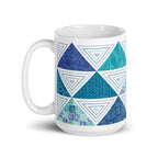 Horizon 15 oz ceramic mug with blue quilt-block triangles, handle on the left – Kate Spain design