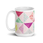 Canyon 15 oz ceramic mug with pink, green and coral quilt-block triangles, handle on the left – Kate Spain design