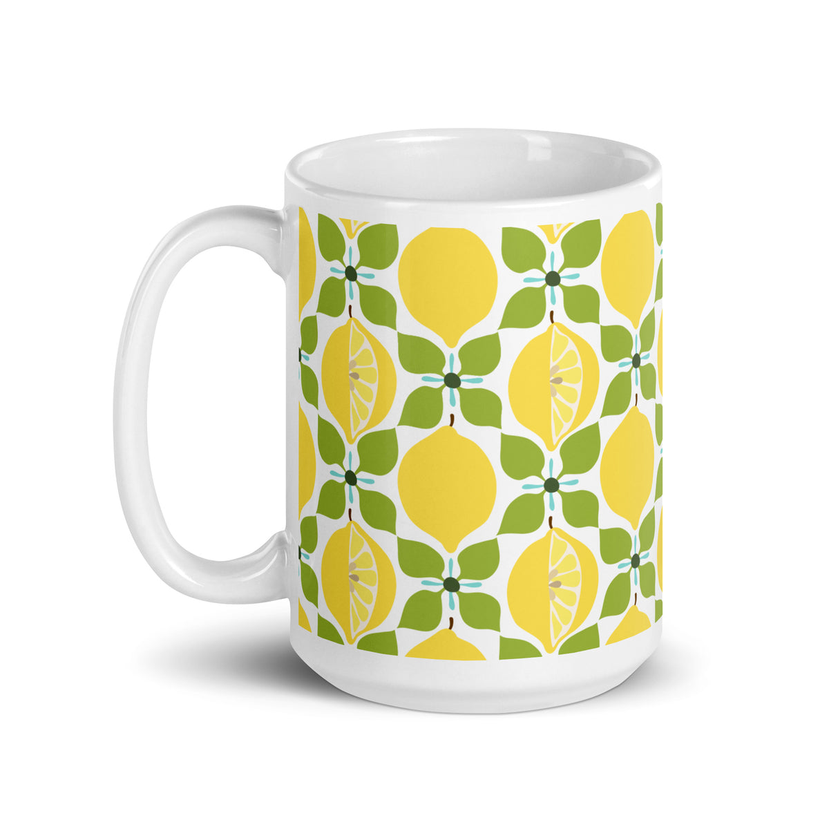 Lemon 15 oz ceramic mug with yellow lemons on a green leaf lattice, handle on the left – Kate Spain design