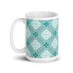 Chalet Turquoise 15 oz ceramic mug with teal Nordic diamond and snowflake pattern, handle on the left – Kate Spain design