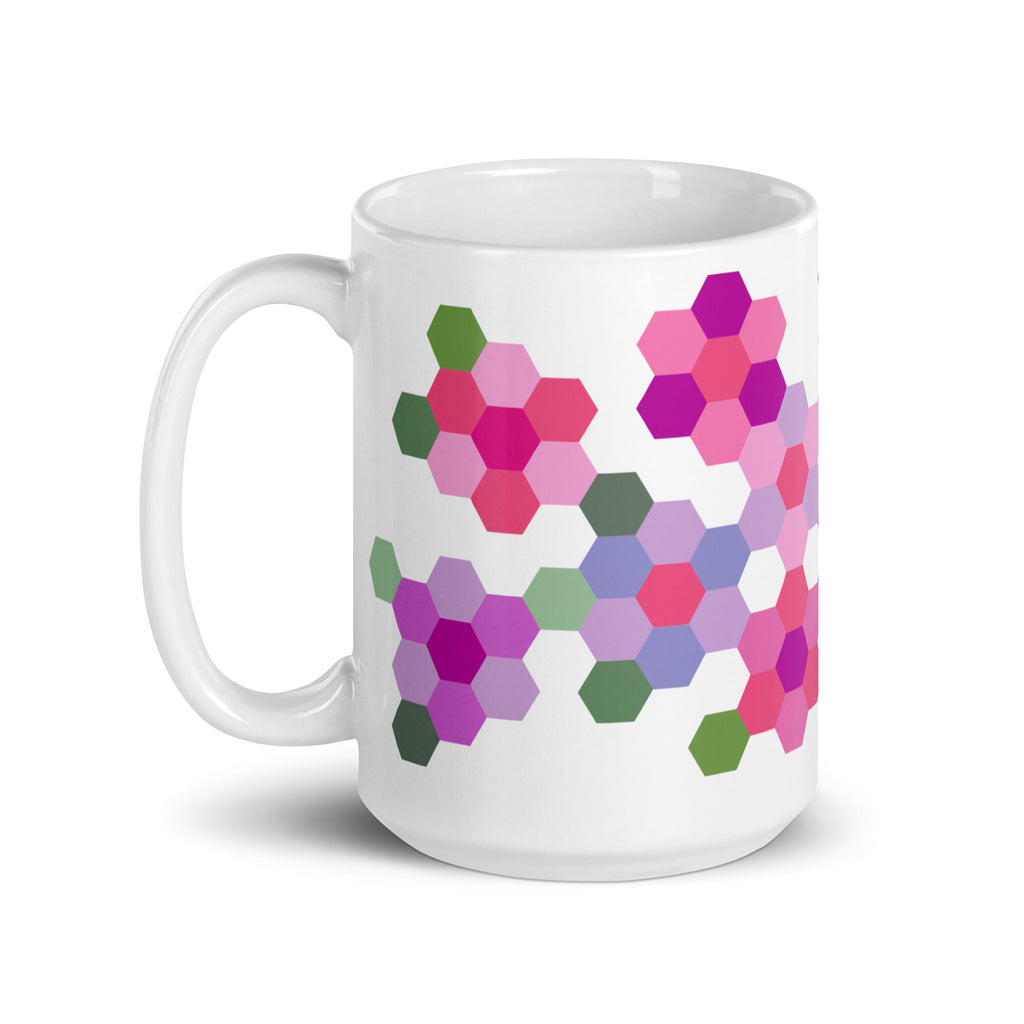 15 oz ceramic mug with the Pink GeoFlora hexagon flower design, handle on the left – Kate Spain design for Pat Sloan