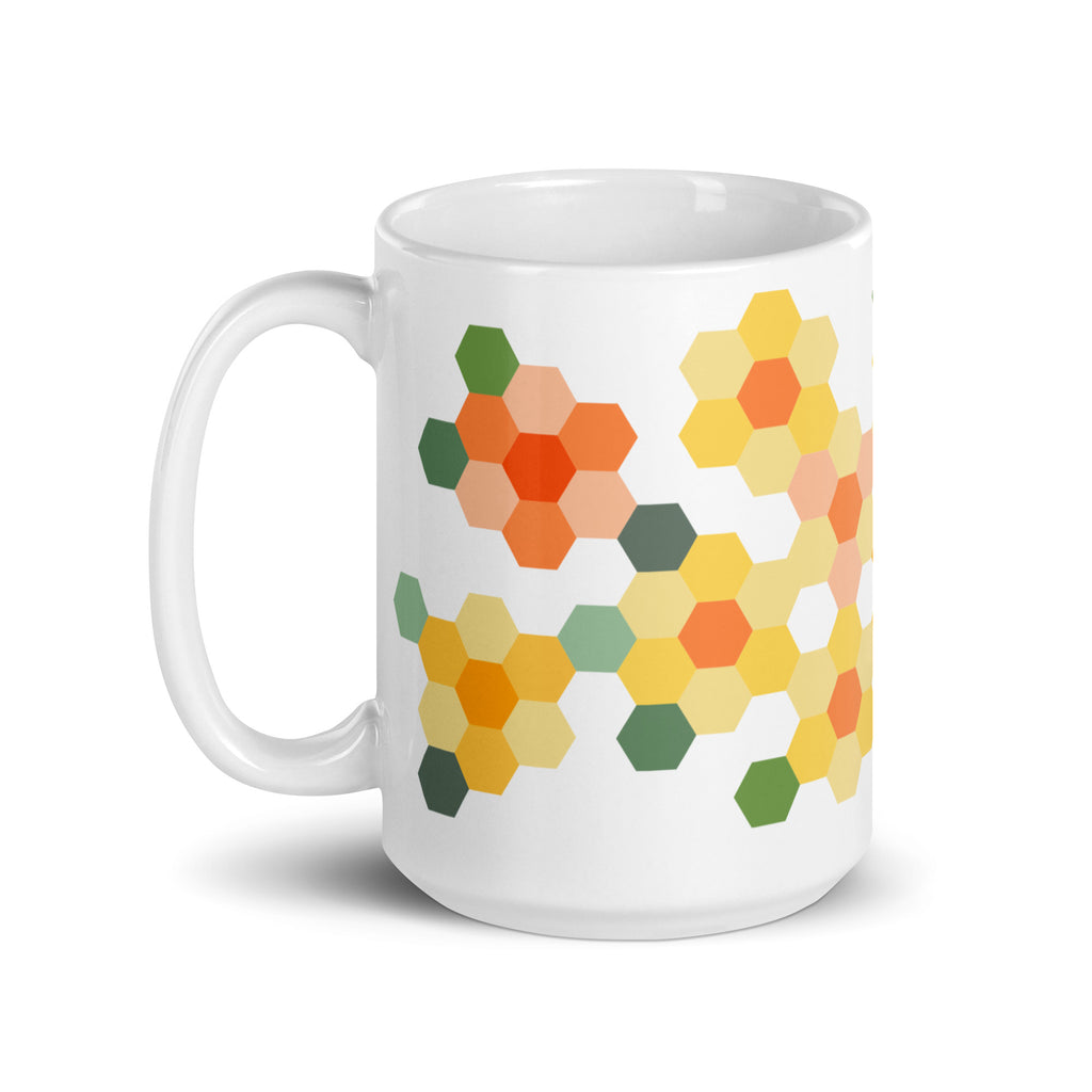 15 oz ceramic mug with the Yellow GeoFlora hexagon flower design, handle on the left – Kate Spain design for Pat Sloan