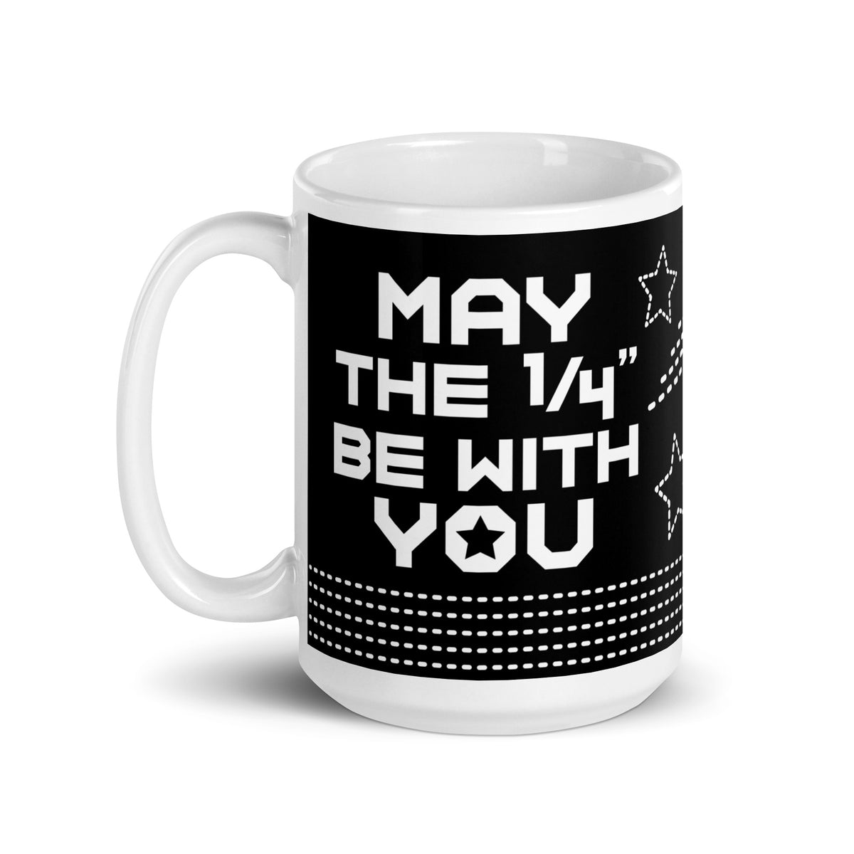 15 oz ceramic mug with the May the ¼" Be With You sewing machine design, handle on the left – Kate Spain design for Pat Sloan