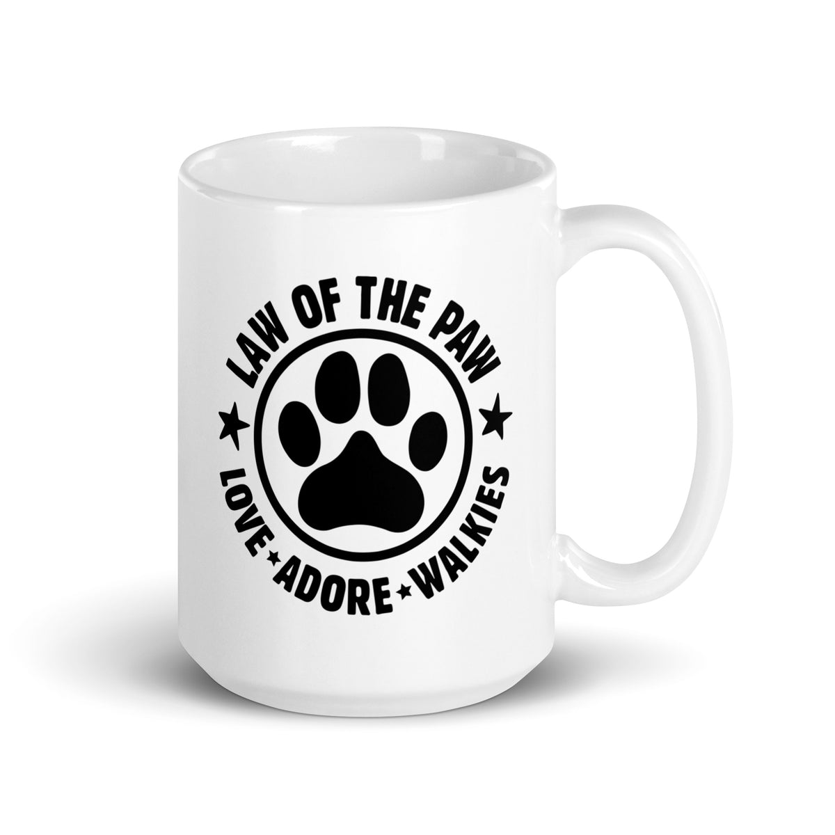 Law of the Paw® Love Adore Walkies white 15 oz ceramic mug with circular paw print badge, handle on right – Kate Spain design