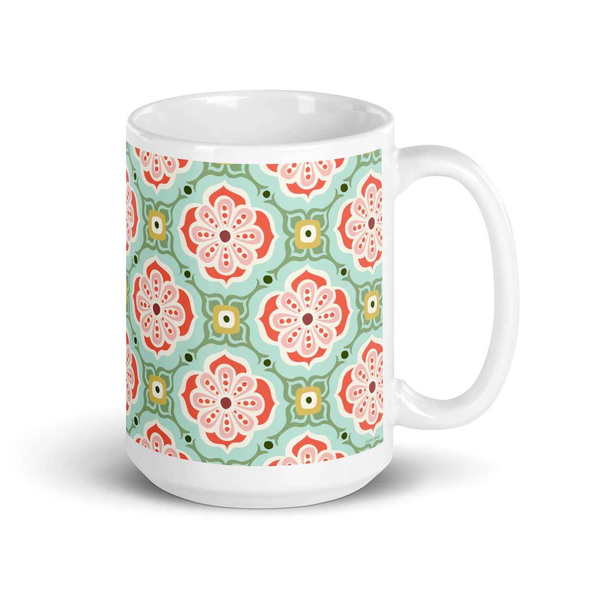 Alhambra 15 oz ceramic mug with coral and mint Mediterranean tile medallions, handle on the right – Kate Spain design