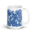 Meadow 15 oz ceramic mug with cobalt blue flowers on white, handle on the right – Kate Spain design