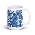 Meadow 15 oz ceramic mug with cobalt blue flowers on white, handle on the right – Kate Spain design