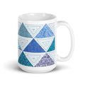 Horizon 15 oz ceramic mug with blue quilt-block triangles, handle on the right – Kate Spain design