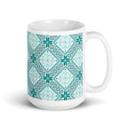Chalet Turquoise 15 oz ceramic mug with teal Nordic diamond and snowflake pattern, handle on the right – Kate Spain design