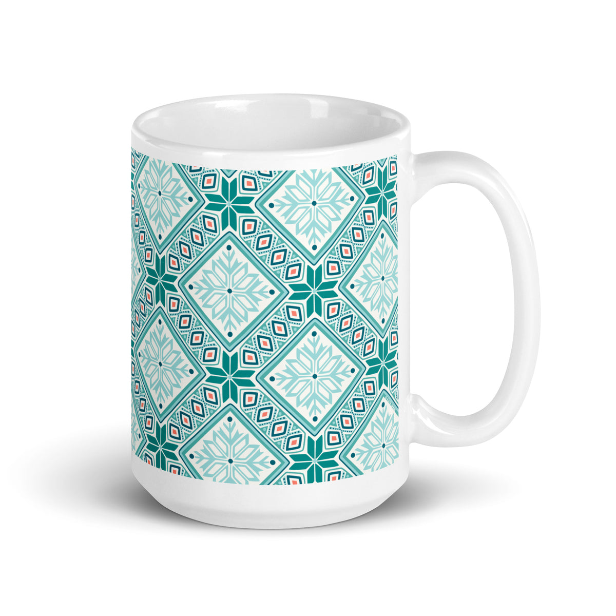 Chalet Turquoise 15 oz ceramic mug with teal Nordic diamond and snowflake pattern, handle on the right – Kate Spain design