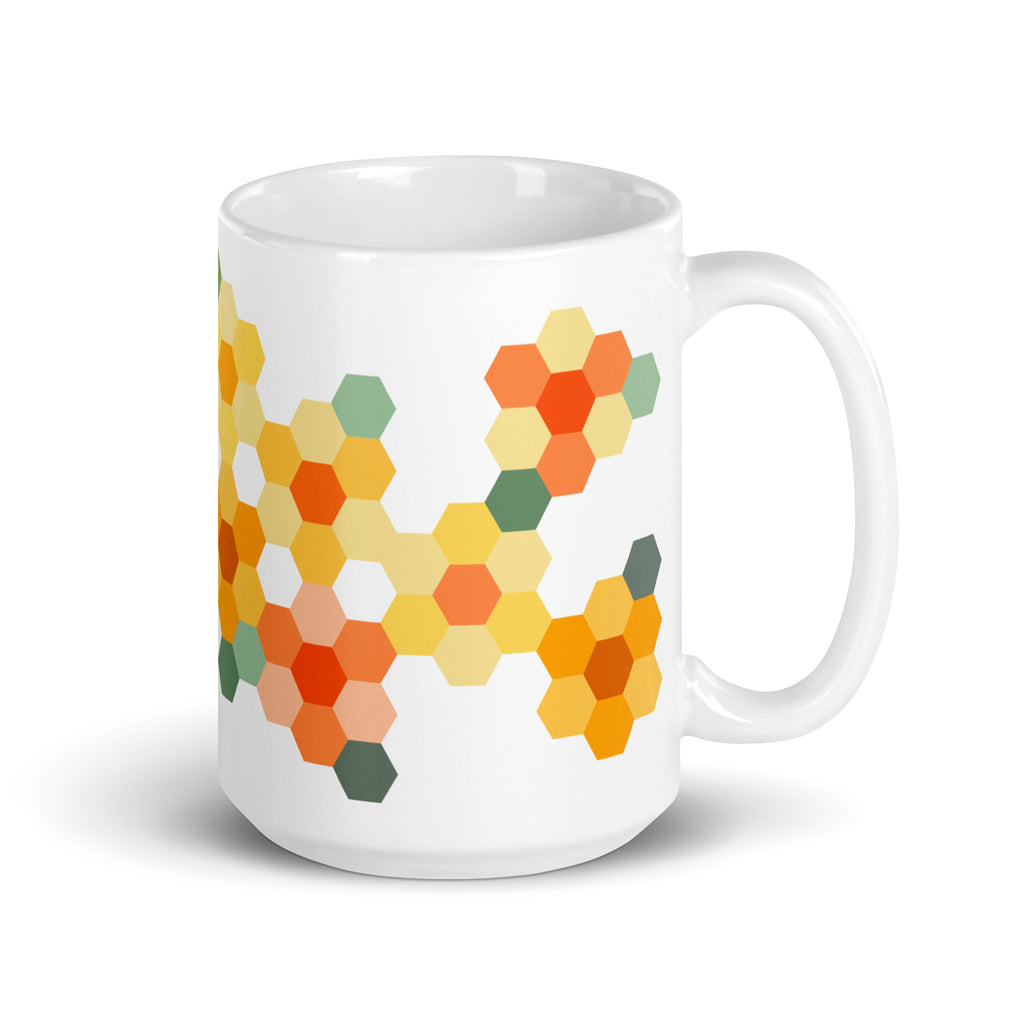 15 oz ceramic mug with the Yellow GeoFlora hexagon flower design, handle on the right – Kate Spain design for Pat Sloan