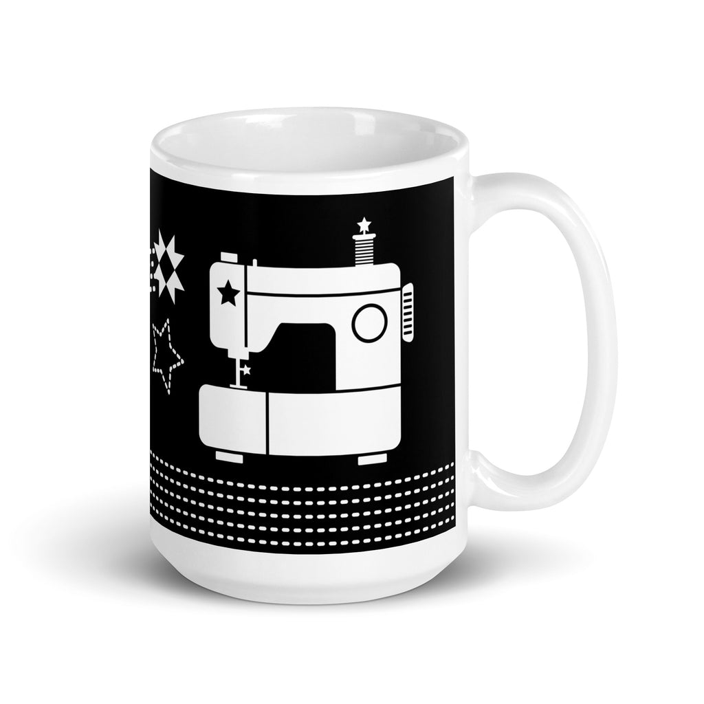 15 oz ceramic mug with the May the ¼" Be With You sewing machine design, handle on the right – Kate Spain design for Pat Sloan