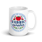 15 oz ceramic mug with the Fabric Curator Society of Stashers badge, handle on the right – Kate Spain design for Pat Sloan