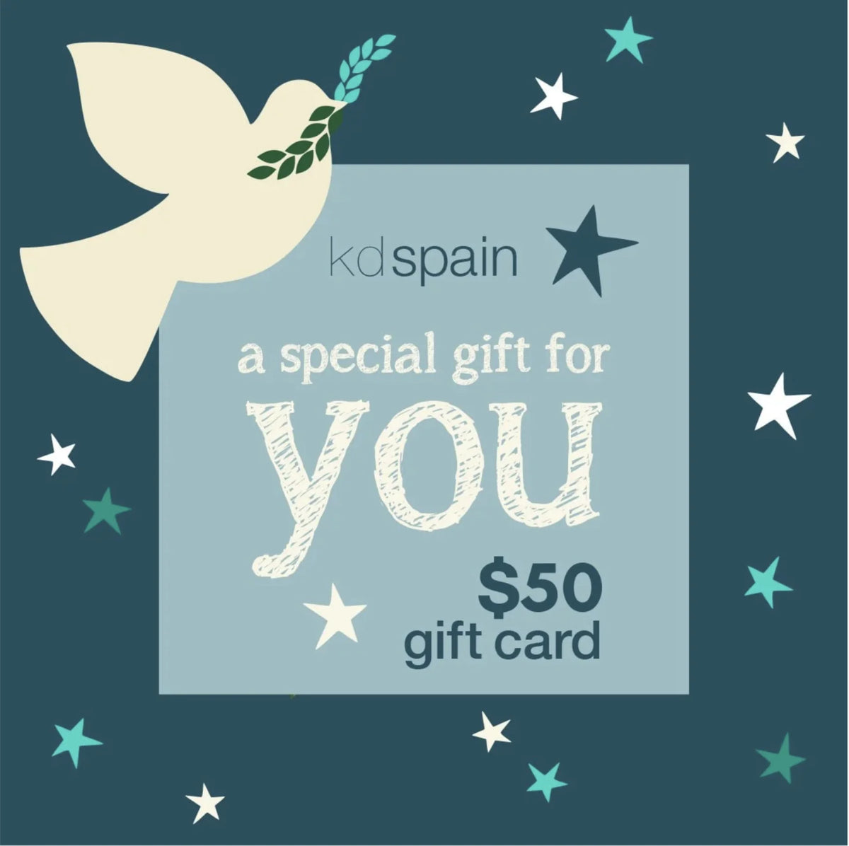 A gift card from kd spain featuring a light blue central panel with the text 'a special gift for you $50 gift card' (available in more than $50 amounts) in white and dark teal. A cream dove holding a green olive branch appears in the upper left, with scattered white and teal stars on a dark teal background.