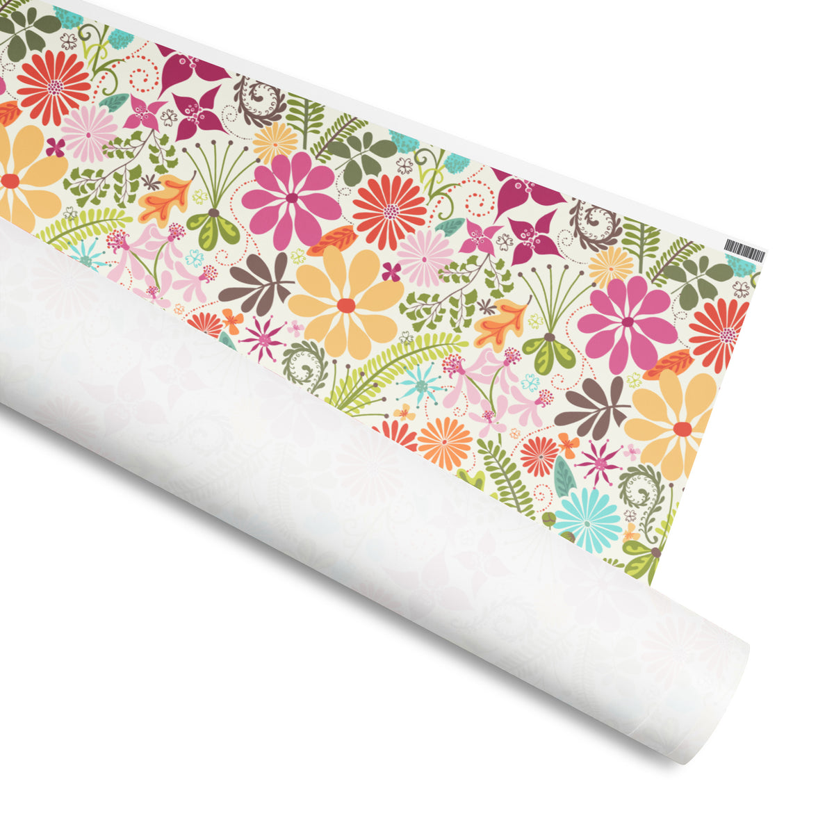Terrain gift wrap, hot pink, orange, yellow, mauve and aqua flowers with ferns and vines on white, 30 by 180 inch matte paper, shown partly rolled – Kate Spain design