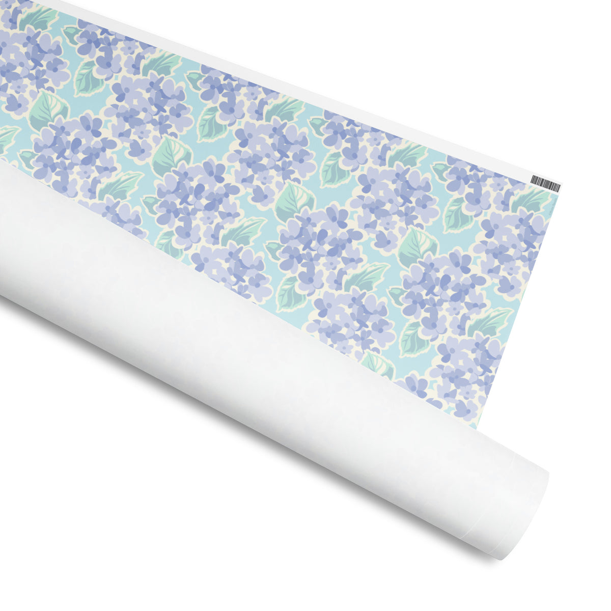 Nantucket Hydrangea gift wrap, periwinkle and lavender hydrangeas with mint leaves on pale aqua, 30 by 180 inch matte paper, shown partly rolled – Kate Spain design