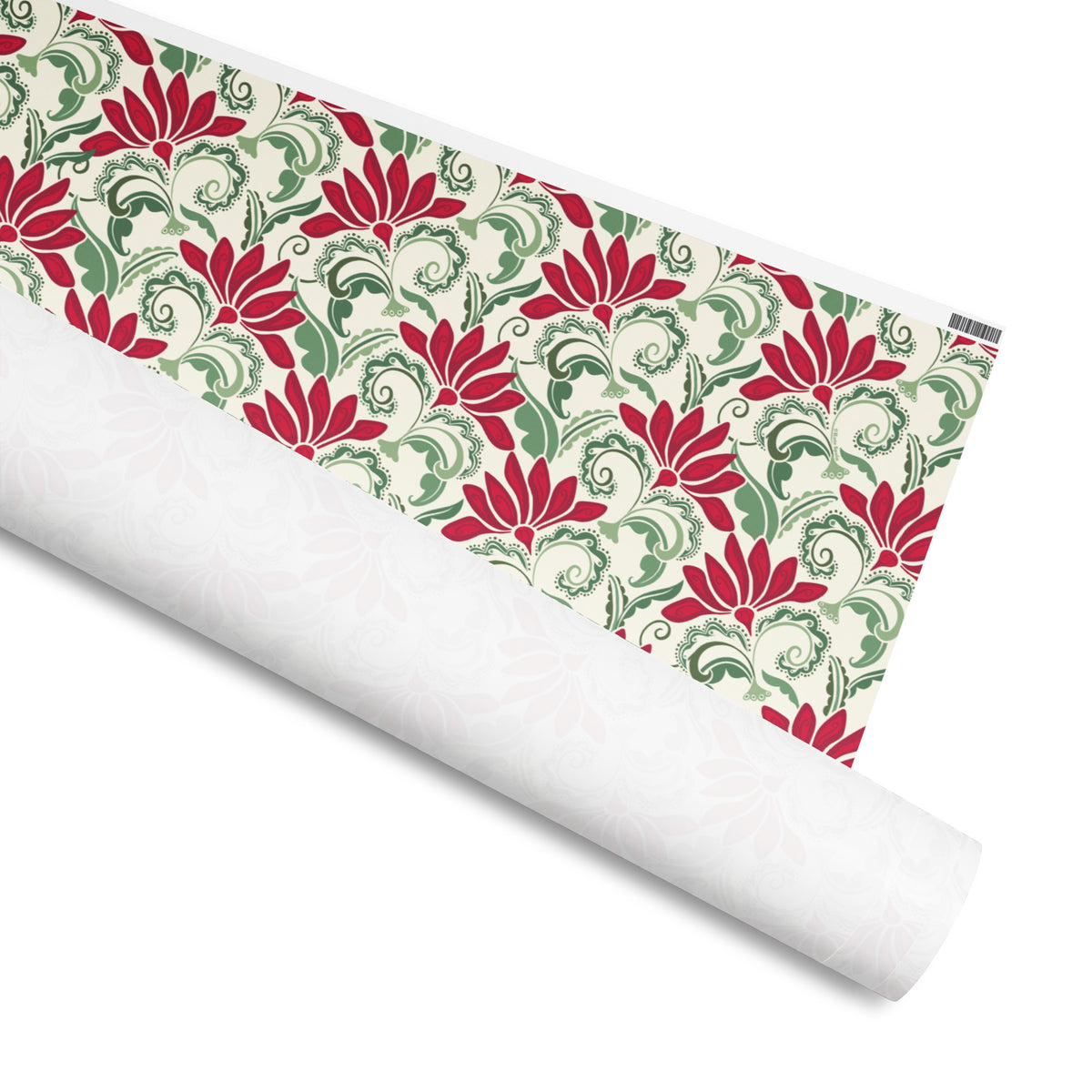 Valencia gift wrap, crimson lotus blooms and sage green damask scrollwork on cream, 30 by 180 inch matte paper, shown partly rolled – Kate Spain design