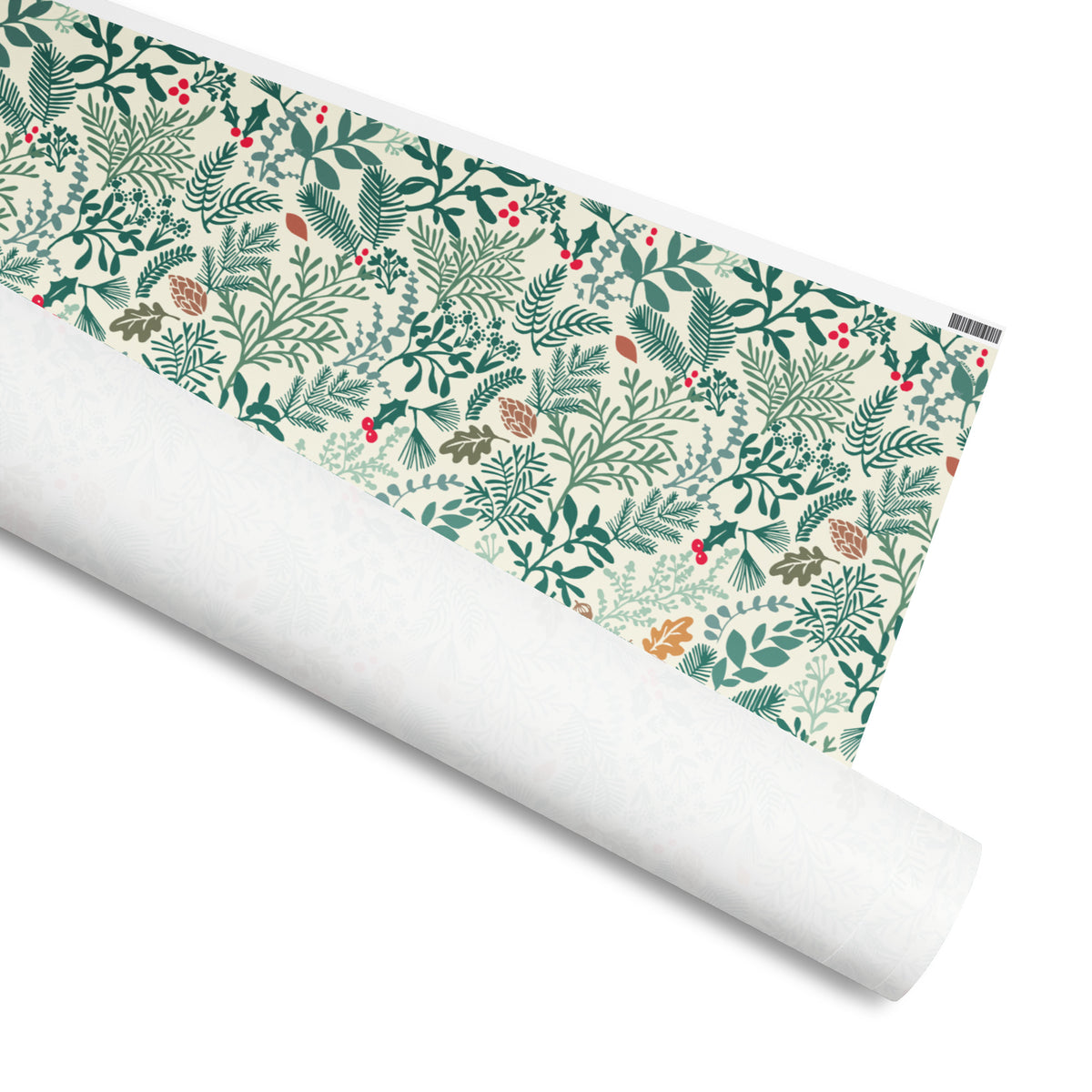 Juniper gift wrap, pine, holly, ferns, pinecones and red berries on cream, 30 by 180 inch matte paper, shown partly rolled – Kate Spain design