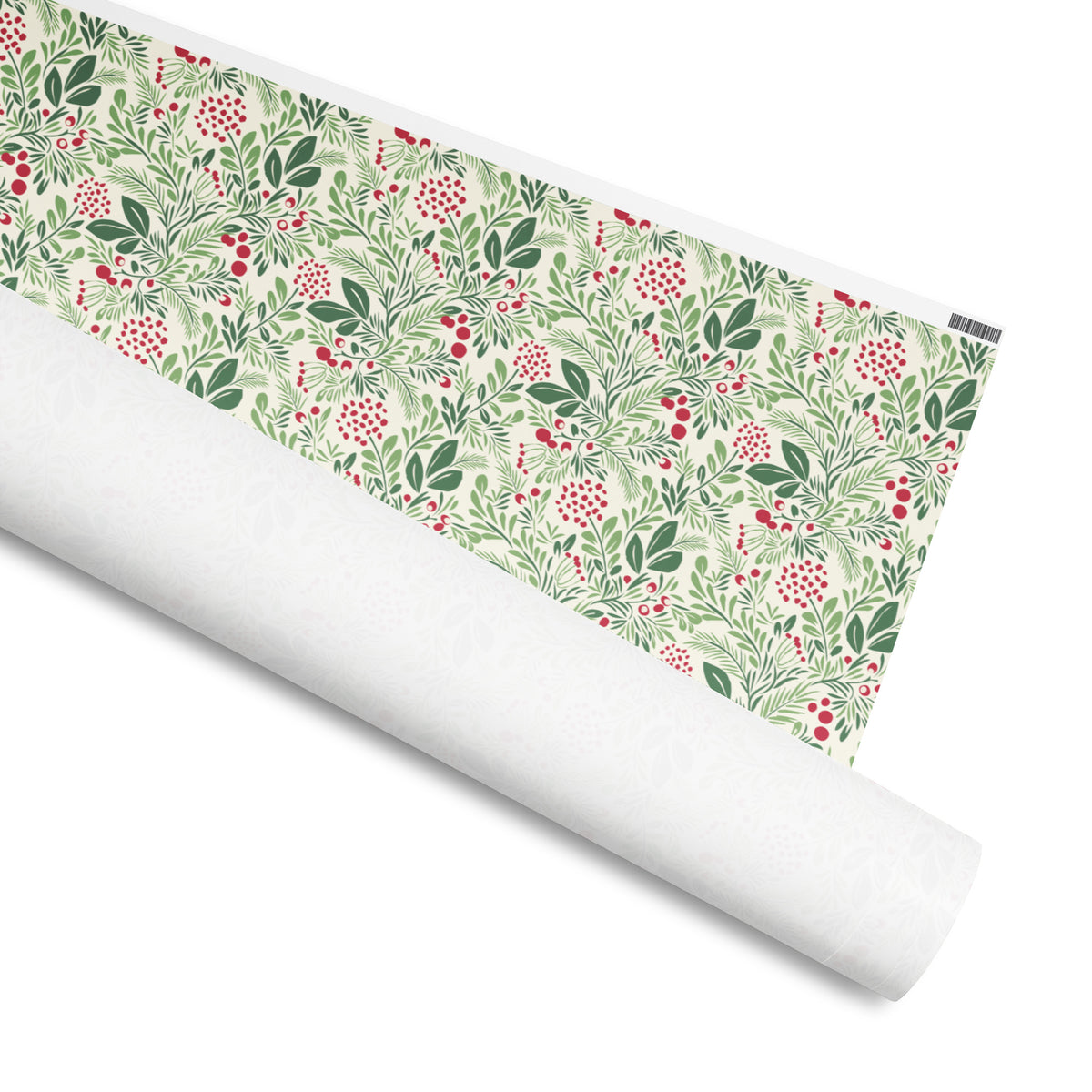 Laurel gift wrap, painterly pine branches, leaves and red berries on cream, 30 by 180 inch matte paper, shown partly rolled – Kate Spain design