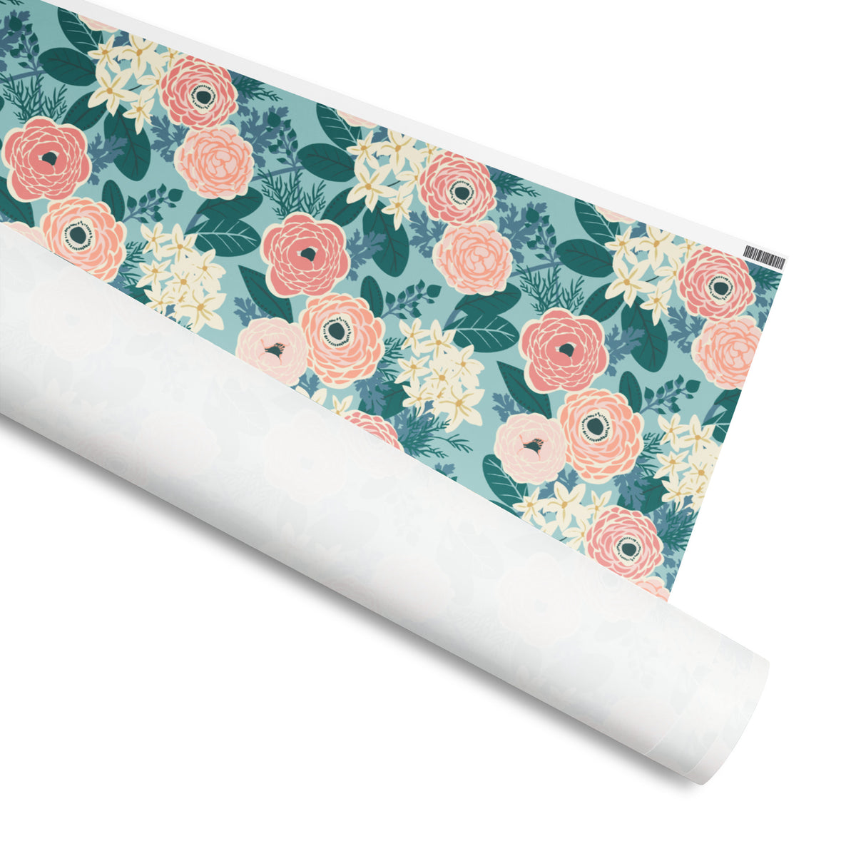Buttercup gift wrap, blush and cream ranunculus with teal leaves and lavender sprigs on soft aqua, 30 by 36 inch matte paper, shown partly rolled – Kate Spain design