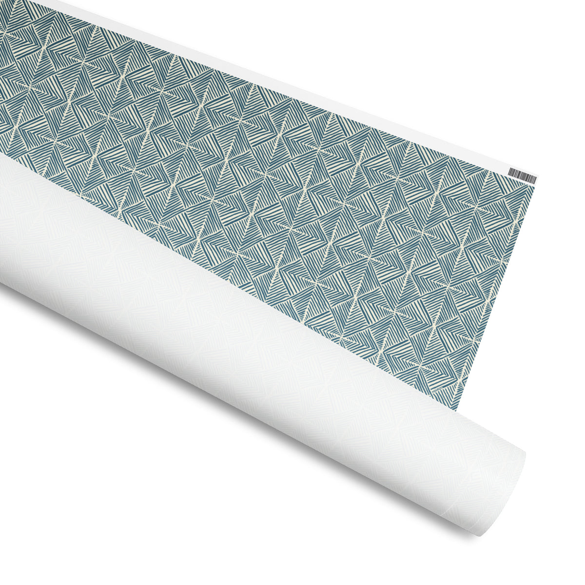 Rattan gift wrap, cream cross-hatched square and diamond tiles on slate teal, 30 by 36 inch matte paper, shown partly rolled – Kate Spain design
