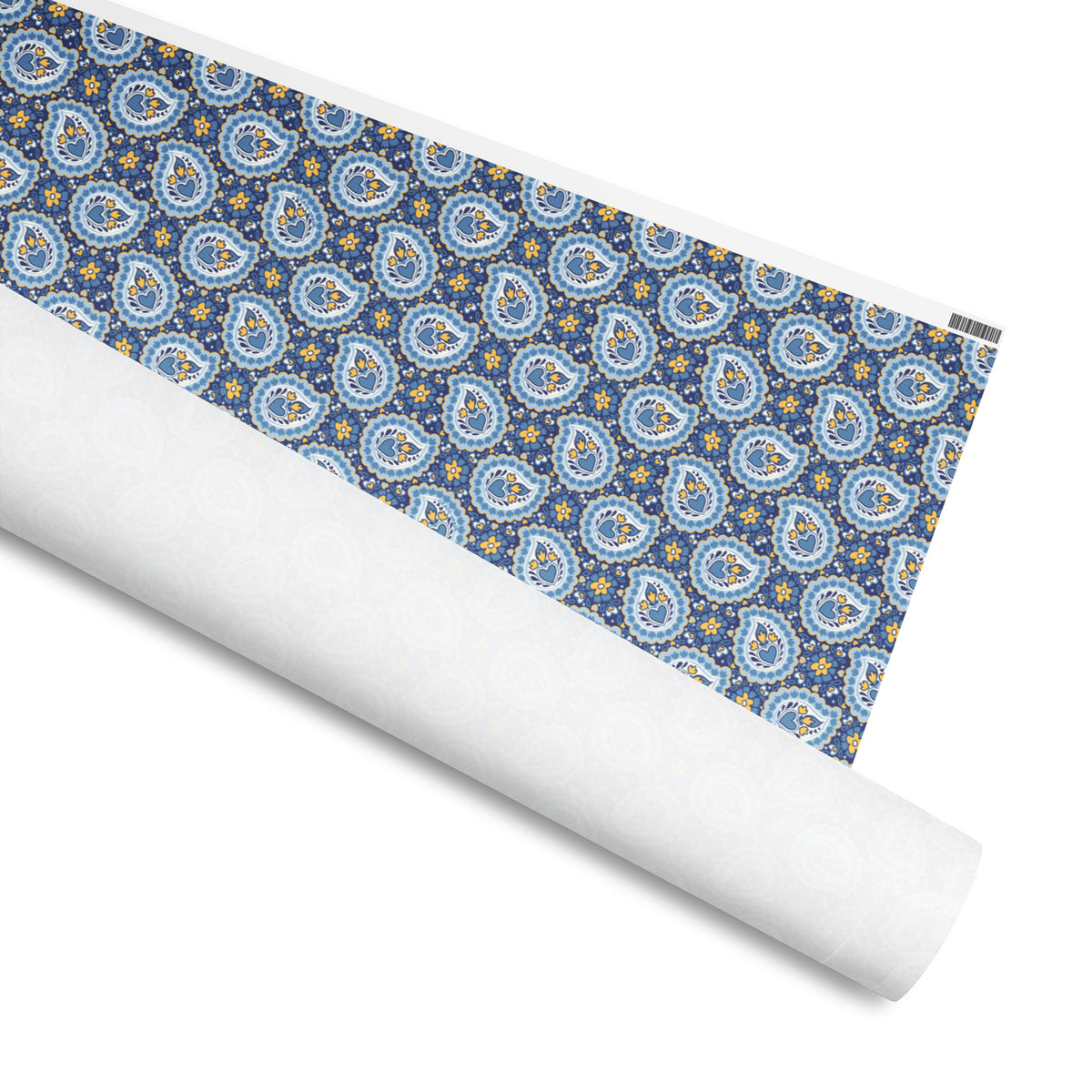 Paisley gift wrap, sky blue and white folk-art paisleys with yellow flowers on navy, 30 by 36 inch matte paper, shown partly rolled – Kate Spain design