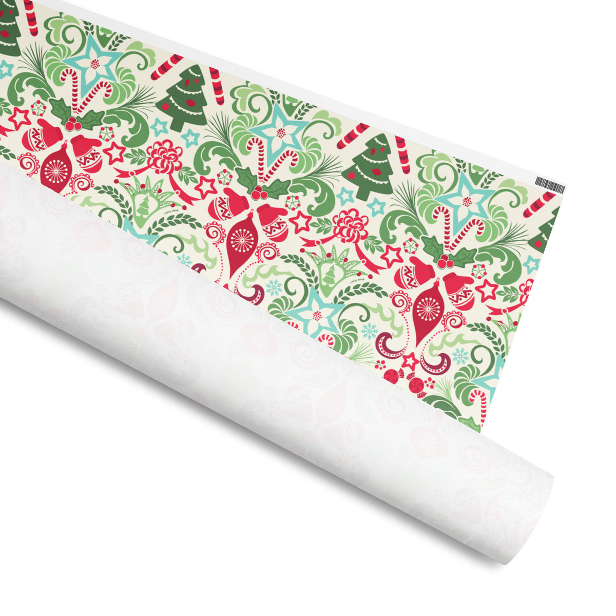 Wonderland gift wrap, ornaments, candy canes, trees and bells with red and green flourishes on cream, 30 by 36 inch matte paper, shown partly rolled – Kate Spain design