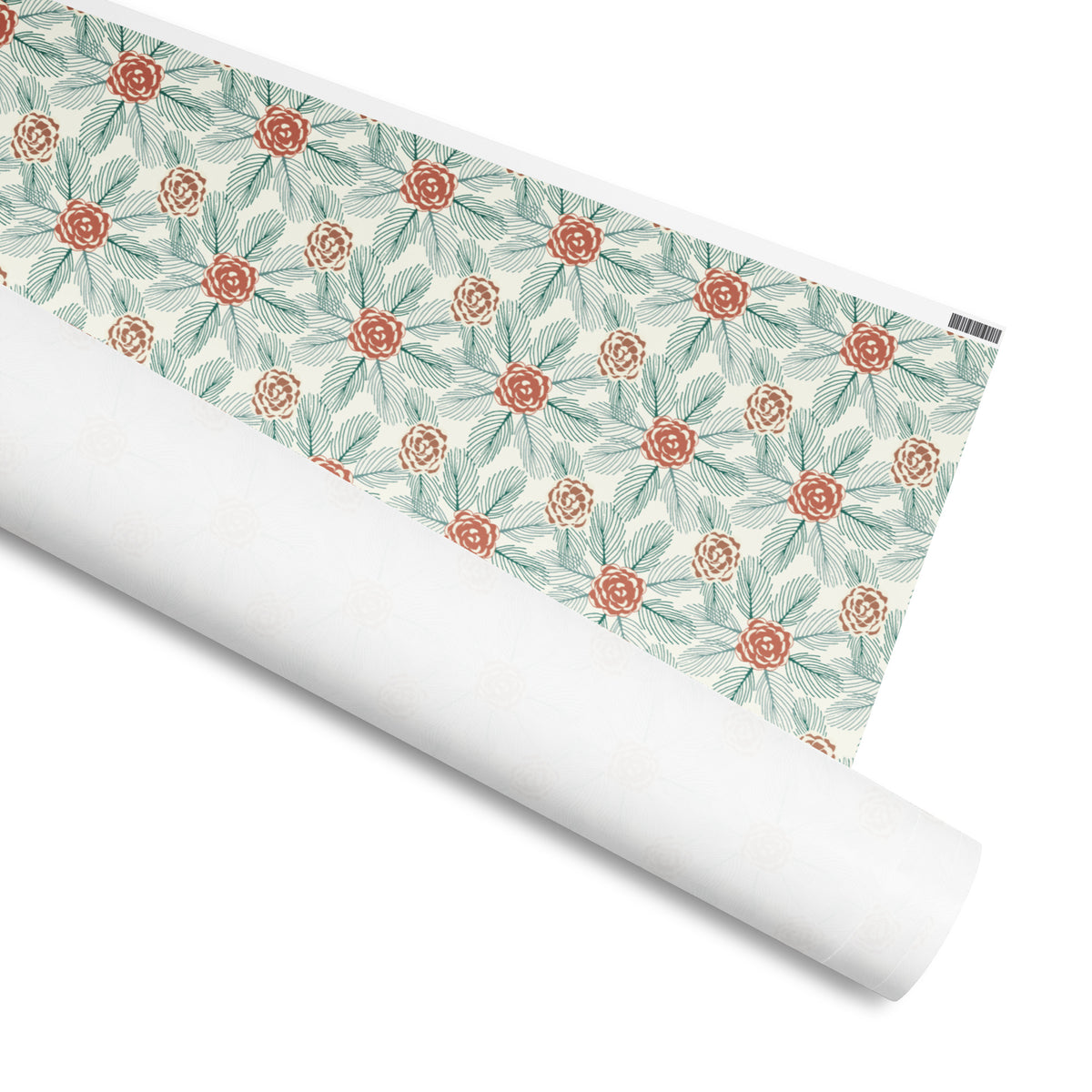 Pinecone gift wrap, pine-branch lattice with terracotta pinecones on cream, 30 by 36 inch matte paper, shown partly rolled – Kate Spain design