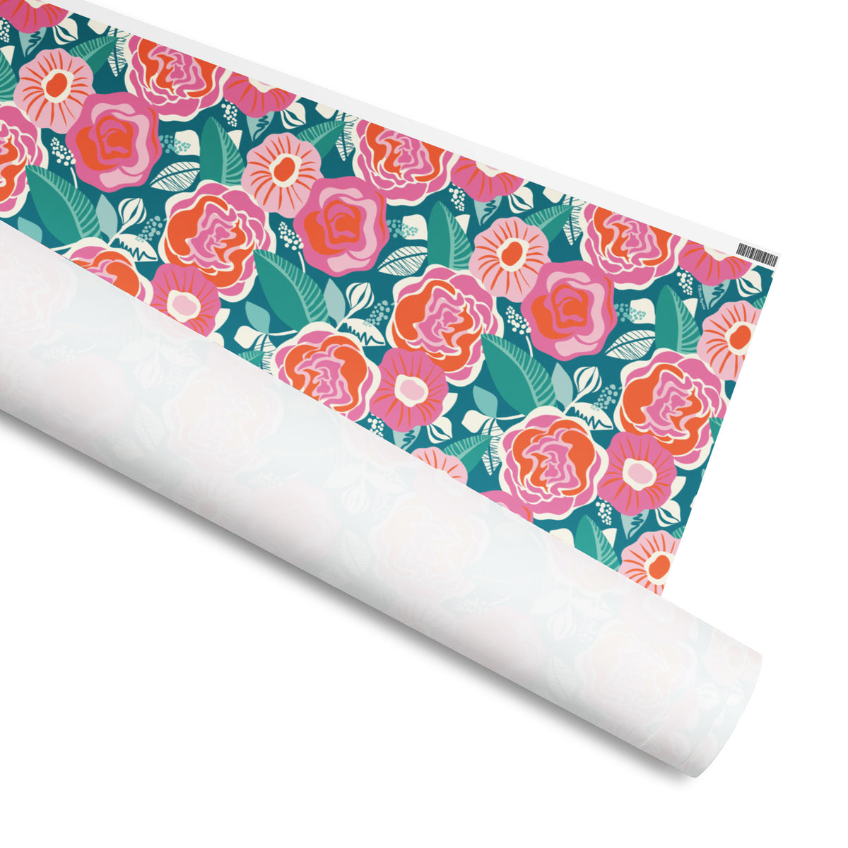 Tea Rose gift wrap, hot pink, coral and orange roses with graphic leaves on deep teal, 30 by 72 inch matte paper, shown partly rolled – Kate Spain design